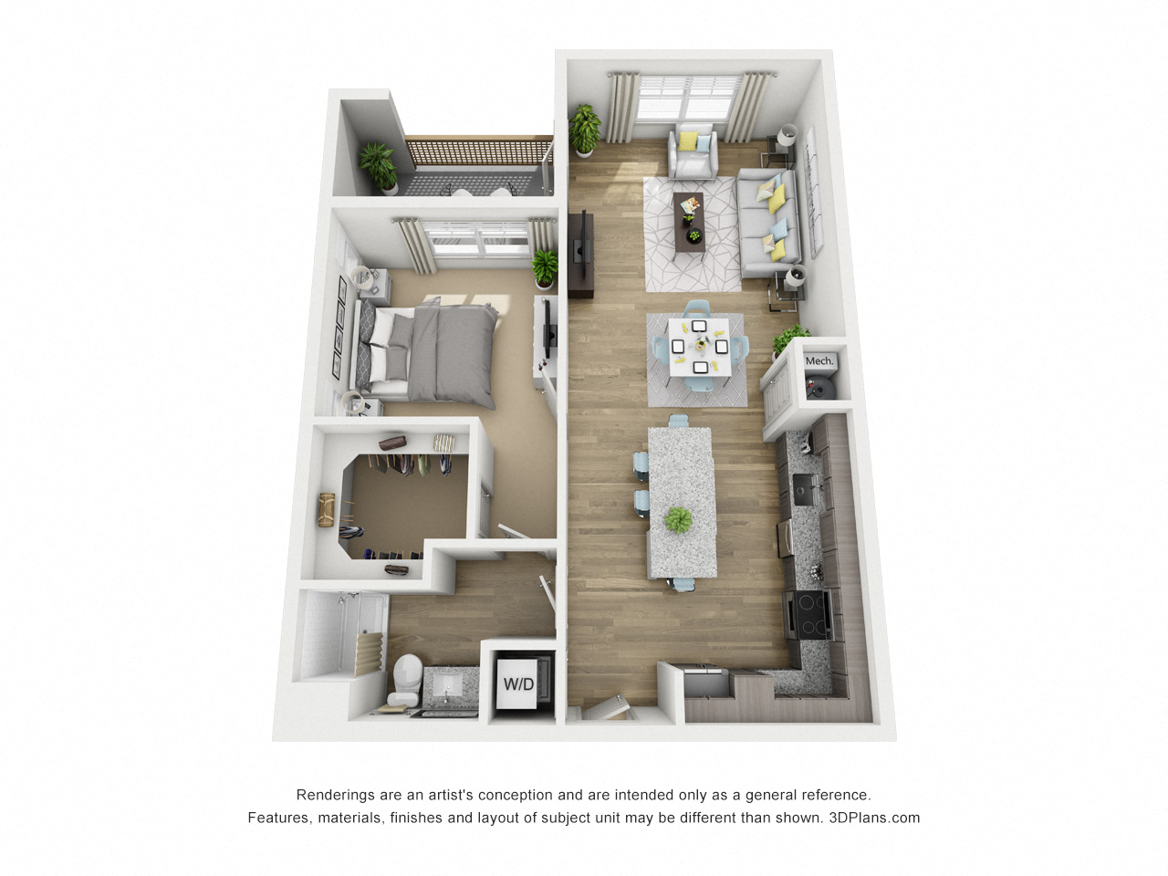 Floor plan for 1 bed, 1 bath, 773 sqft